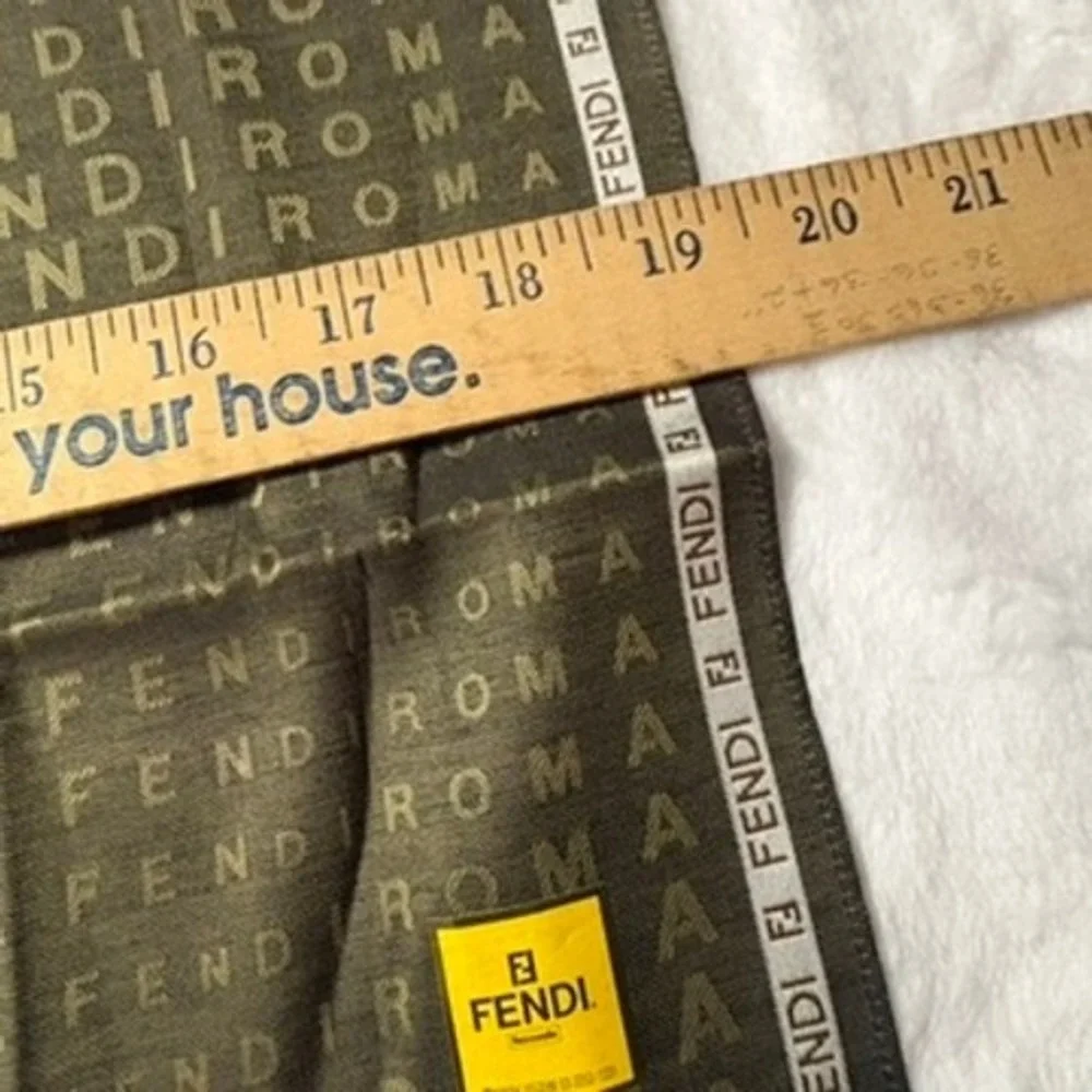 Vtg FENDI Scarf Handkerchief Monogram Olive Green Brown 19.5